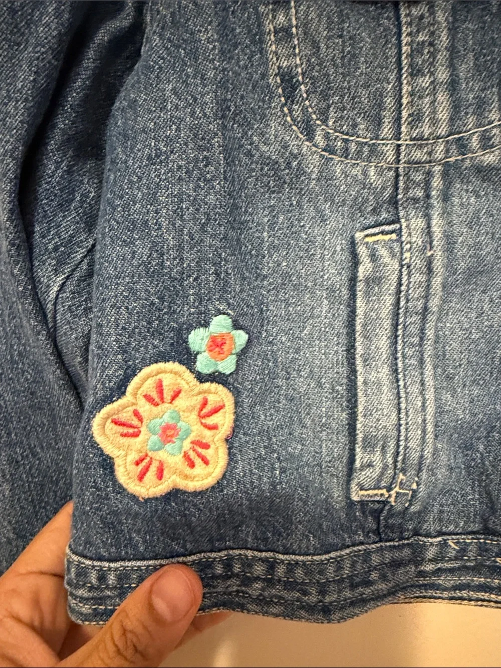 Girls' Blue Denim Jacket with Floral Patches - Unbranded